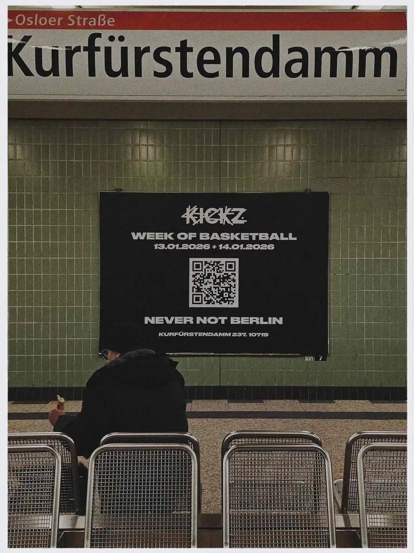 Transit advertising for Kickz basketball event in Berlin subway station Kurfürstendamm.